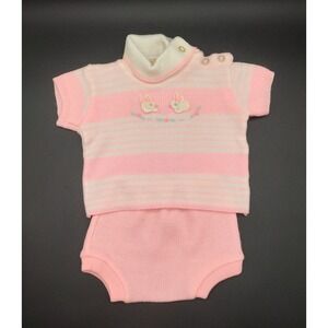 Vintage Novelty Knit Infant Size 0-3 Months Sweater Top Bottom Pink White Stripe